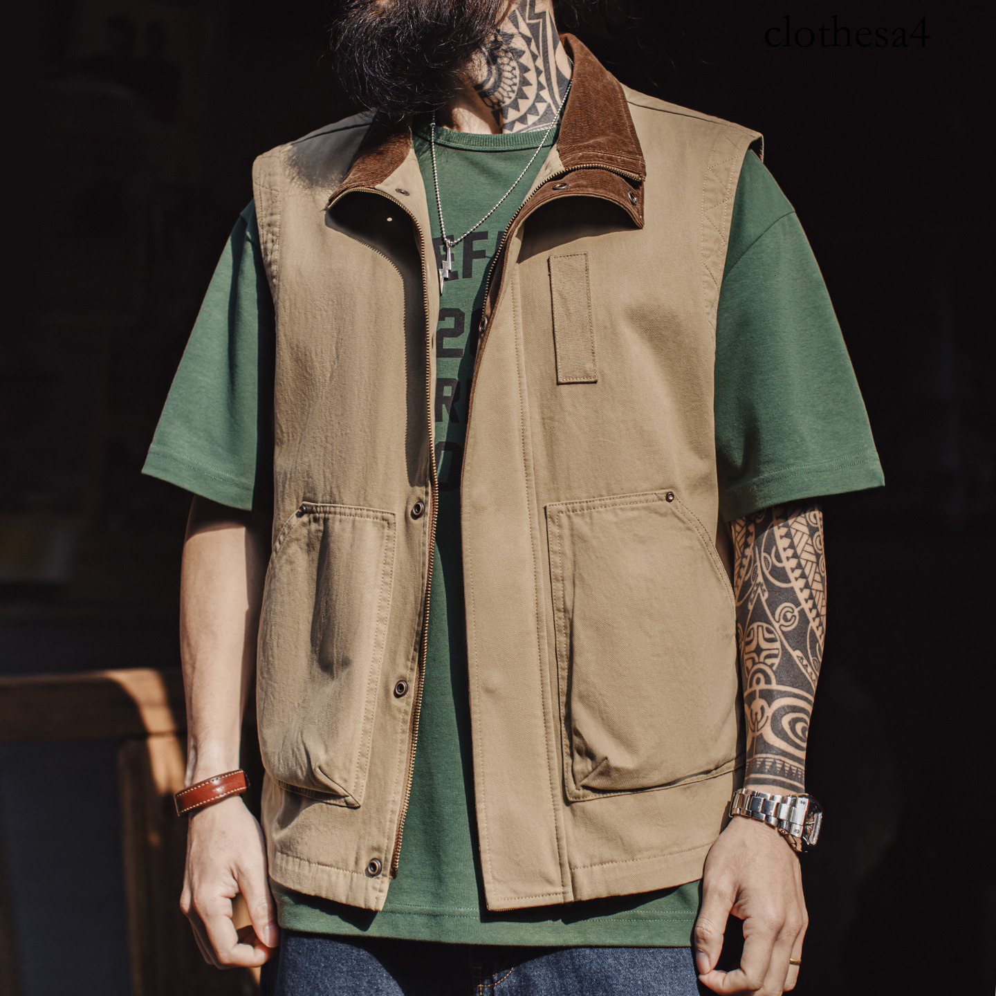 Maden Men's Vintage Corduroy Safari 100% Cotton Khaki Patchwork Vest Casual Zipper Front Sleeveless Jacket for Spring/Fall