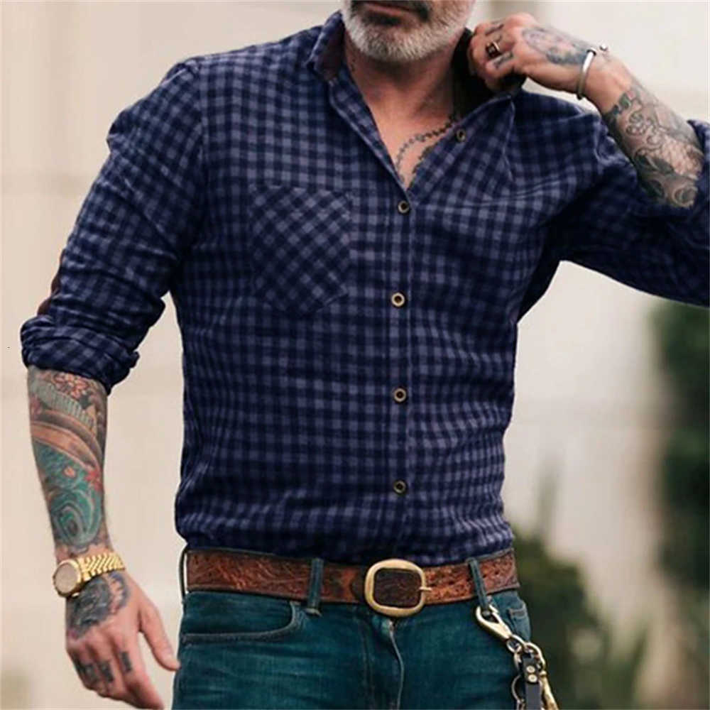 Casual Shirts Men's Long Men's Sleeve Shirt Plaid Shirt New Men's Top Fashion Casual Retro Work Button Lapel Oversized Men's Clo