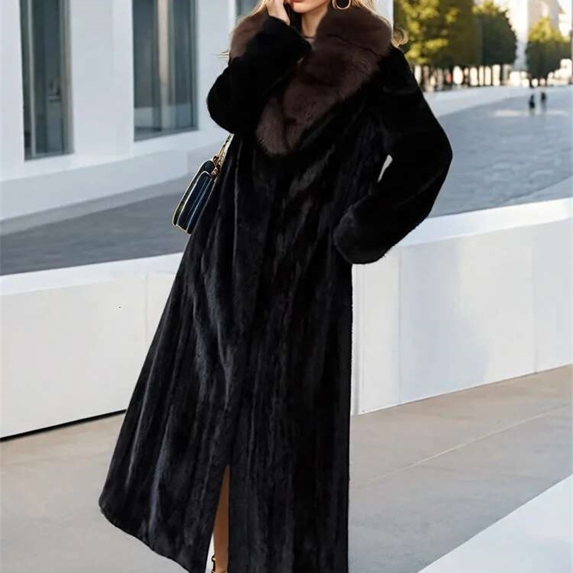 DEAT Fashion Womens Mink Fur Coat Collar Loose Long Sleeves Thick Warm Overcoat Winter 7AB6171 260920