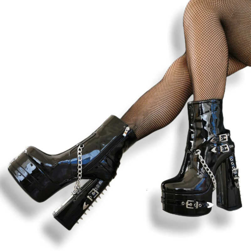 Botas con cremallera, botas laterales negras, botas góticas de talla grande 36-47 con plataforma de cuero y tacón grueso, botines para Mujer H260921