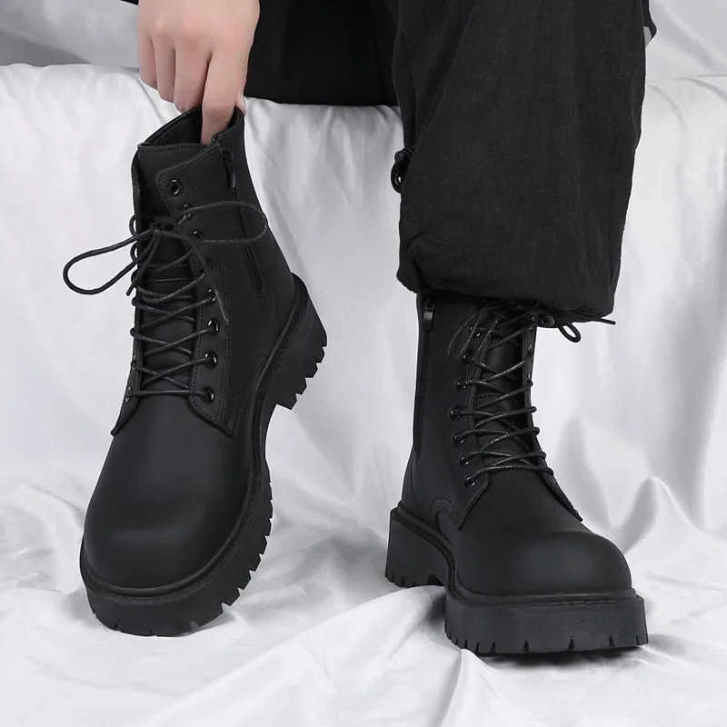 sale hot Boots Spring 2025 New Fashion Casual Simple Black British Style Men's Boots High Top Waterproof Casual Leather Boots H260921