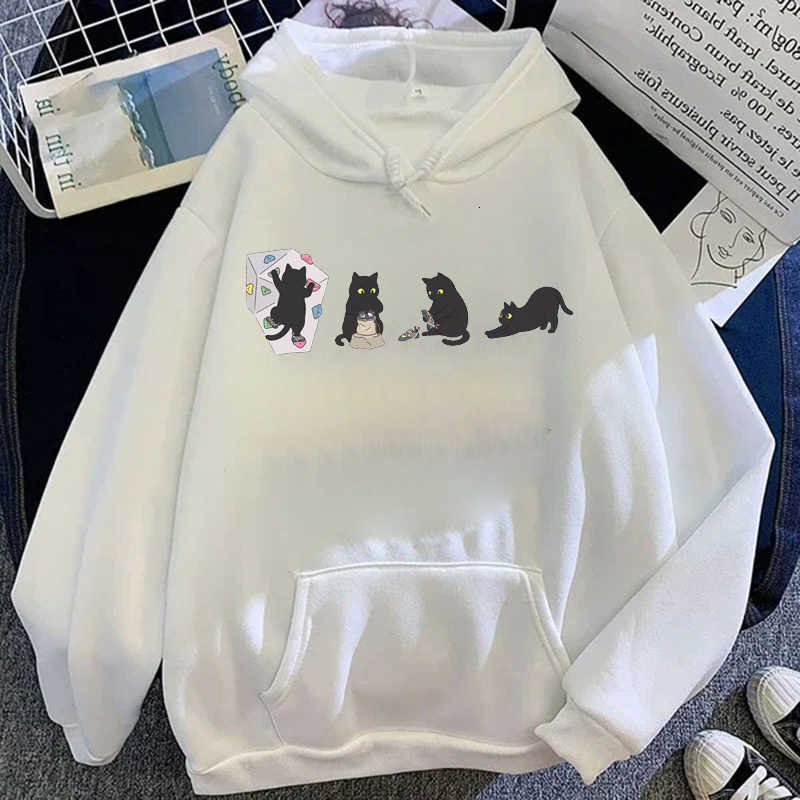 Women Sweatshirts Men's Funny Hoodies Hooded Hoodie Oversized Streetwear Black Cat Climbing Graphic Sweatshirt Casual Hoodies Funny Animal Meme