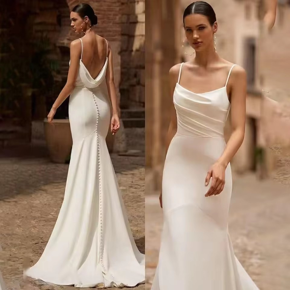 Elegant Long Spaghetti Crepe Wedding Dresses Mermaid Pleated Vestido De Novia Buttons Zipper Back Backless Satin Bridal Gowns