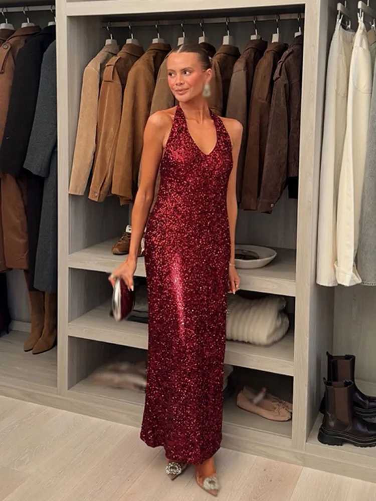 HH Woman Spring Fashion Dresses Solid V-Neck Slveless Backless Sequin Decoration Lace-Up Female Elegant Sexy Slit Long Dress T260829