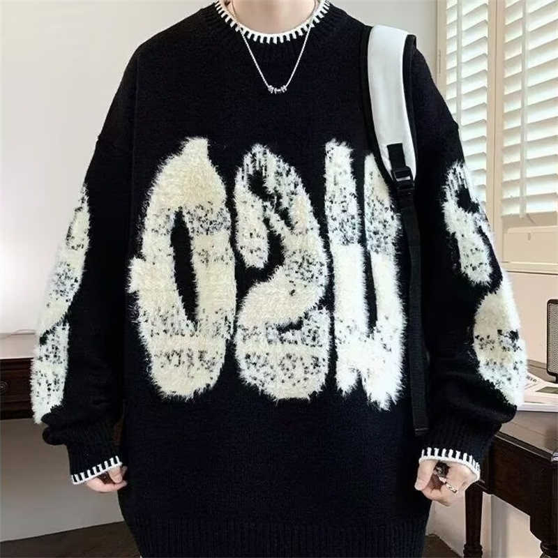 New 2025 Letter Jacquard O-Neck Knitwear Men's American Fashion Retro Knitted Sweater Autumn Hip Hop Long Slve Y2K Pullovers S260921MP5N