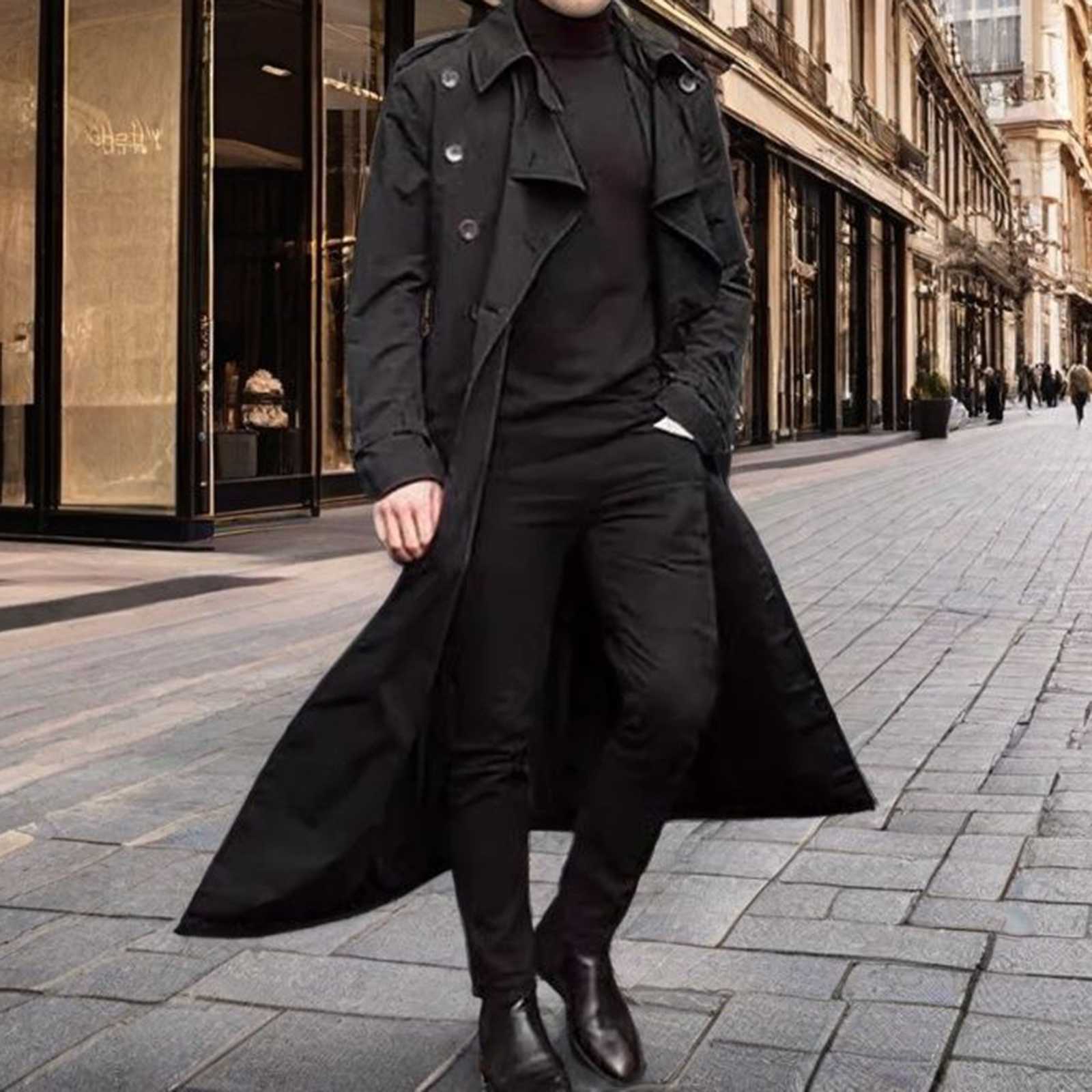 Men's Men's Fashion Wool Blends Autumn Long Coats Long Sleeve Lapel Solid Color Button Belted Windbreaker Jackets Man's Clothing Stre