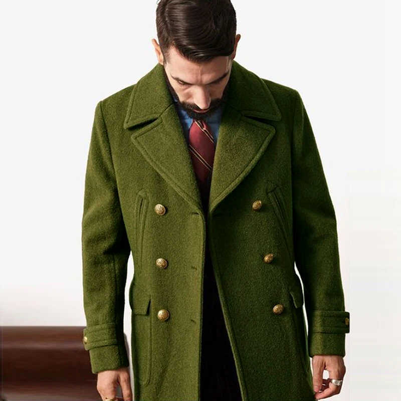 Wool Blends 2024 Spring Men's Vintage Woolen Trench Mid Coats Men New Casual Button-up Lapel Woolen Jacket For Mens Office Outdoor Woolen Outfi