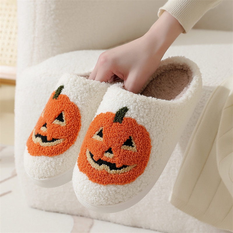 Easy Home Shoes Halloween Pumpkin Slippers Thick Sole Cotton Indoor Warm Plush Funny Face Design White Women Gift