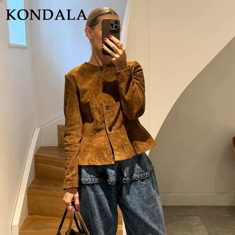 KONDALA 2025 Fall Winter Suede Brown Streetwear Ladies Jackets Fashion Elegant Single Breasted O Neck Chic Women 260920