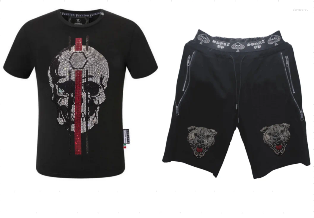 Brand Men's Summer Rhinestone Casual Tracksuit Set Designer Outfit T-shirt & Shorts Short Sleeve Fashion Wear