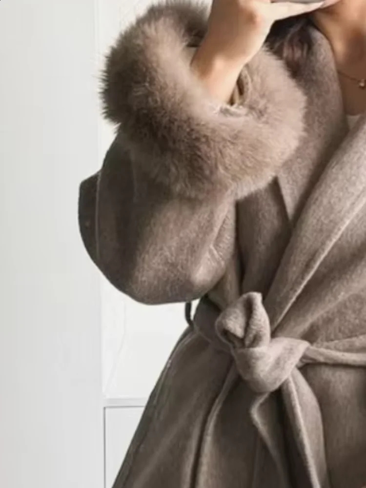 Women Grey Wrap Wool Coat Loose Dropped Shoulder Shawl Collar Waist Strap Faux Fox Fur Cuff Garment Autumn Winter Urban Outfit 260920