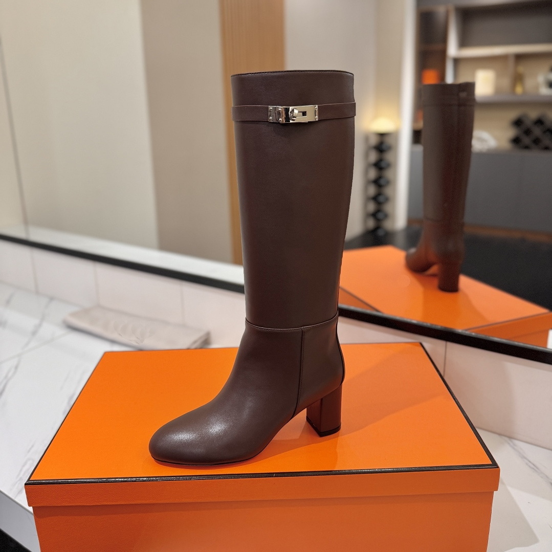Luxury Dress Shoes Designer Women Boots Genuine Leather Knee High Boots High Quality Round Toe Block Heel Fold Top Tall Fashion Shoes eur42