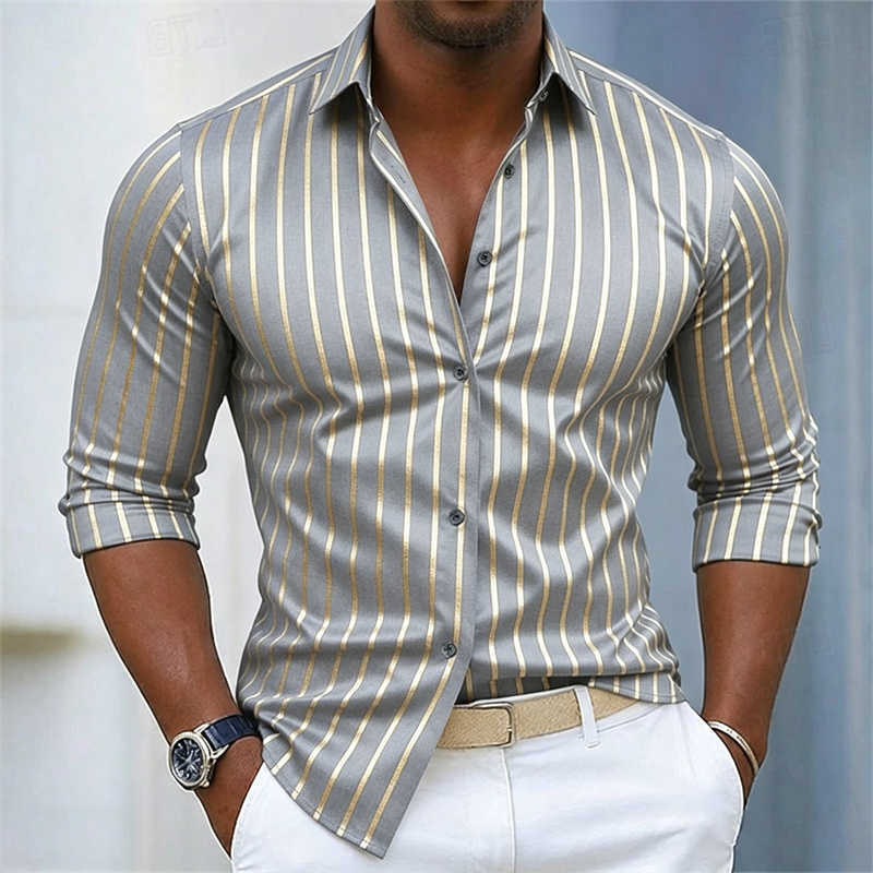 New Men's 2026 Casual Shirts Men's Long Sleeved Shirt Business Casual Striped Shirt Slim Fit No Iron Versatile Men's Top Comfortable