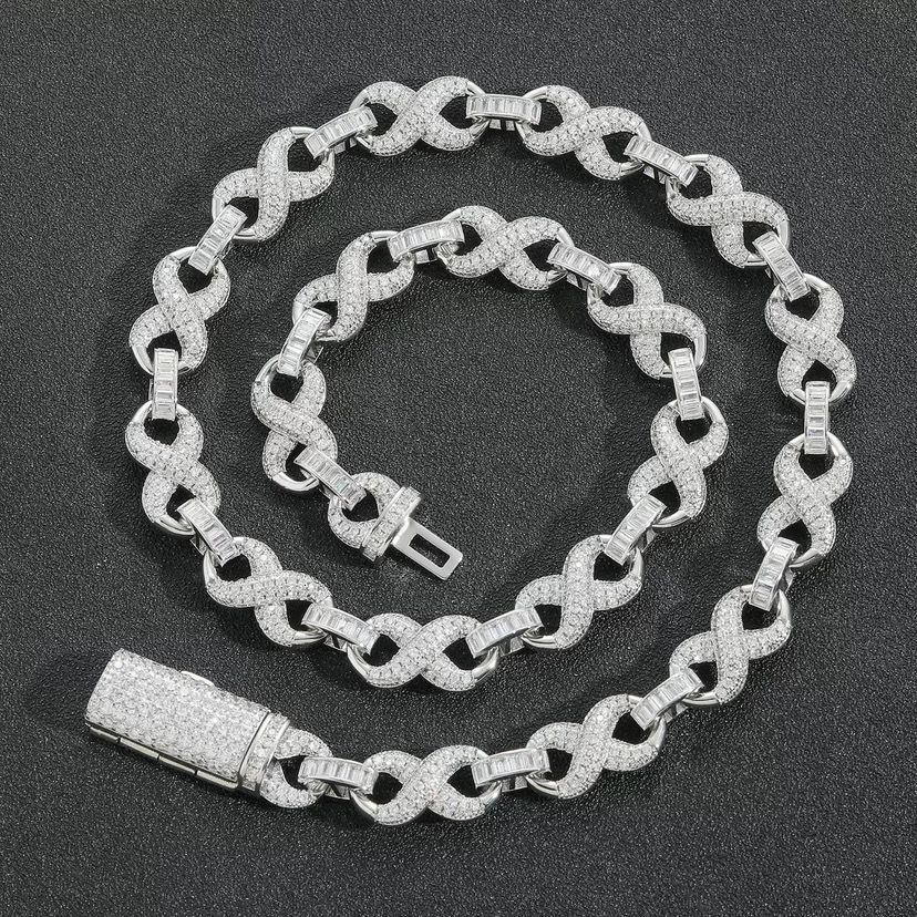 Custom 10mm S925 Sterling Silver Rhodium Plated Moissanite Figure Eight Cuban Chain Men's Fashion Necklace Personalized Hot