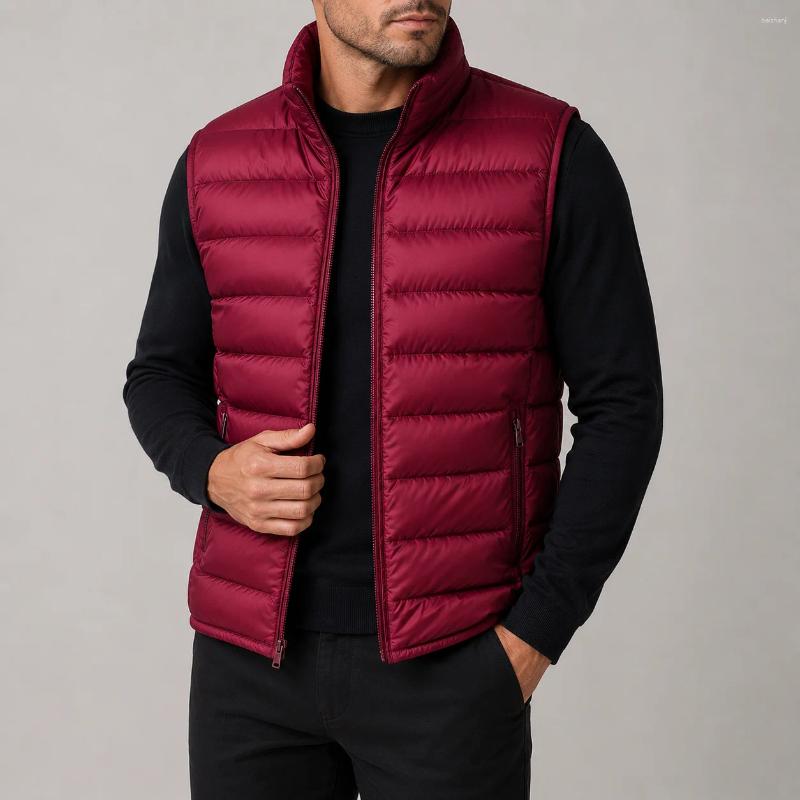 Men's Warm Cotton Padded Vest Autumn Winter Casual Ultra Light Sleeveless Jacket Zip Up Stand Collar Solid Outerwear Top