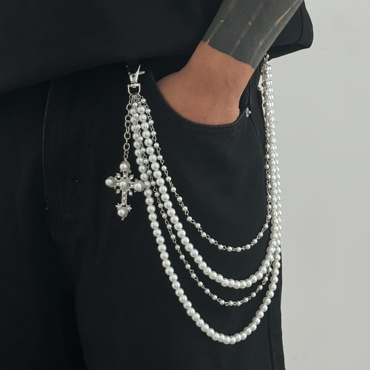 European And American Accessories Men's New Cross Multi-Layer Imitation Pearl Pants Chain Vintage Style Versatile Pendant