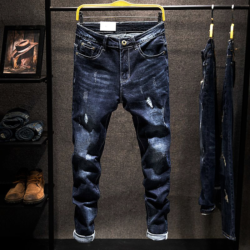 Elastic Jeans Men Ripped Vintage Slim Denim Hip Hop Distressed Frayed Fashion Men's Clothing Pants 26L0921