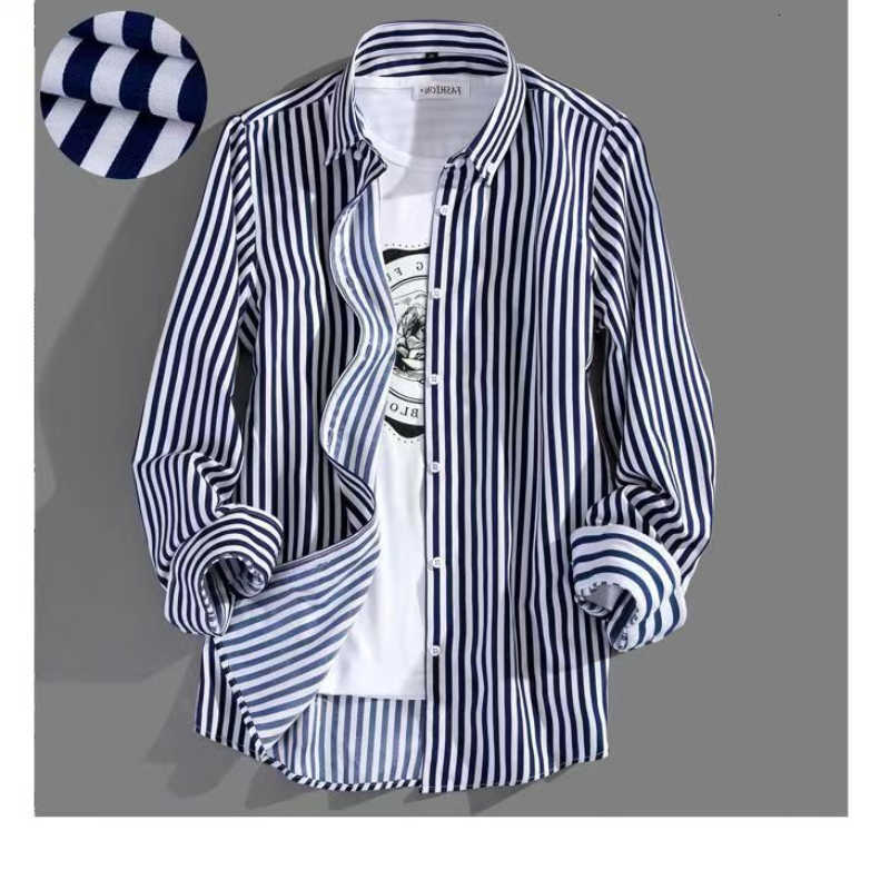 Classic Shirts Men's Men's Casual Plaid Shirt in Blue Gray Long Sleeve Business Dress Shirt Slim Fit Striped Shirt Non-Iron Korean Style M