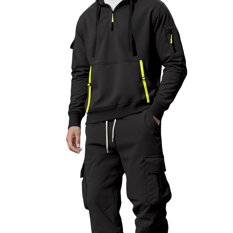 Ensemble deux pièces pour hommes, sweat-shirt à capuche demi-zippé, poches zippées fonctionnelles, bas de jogging cargo, cordon de serrage à la t