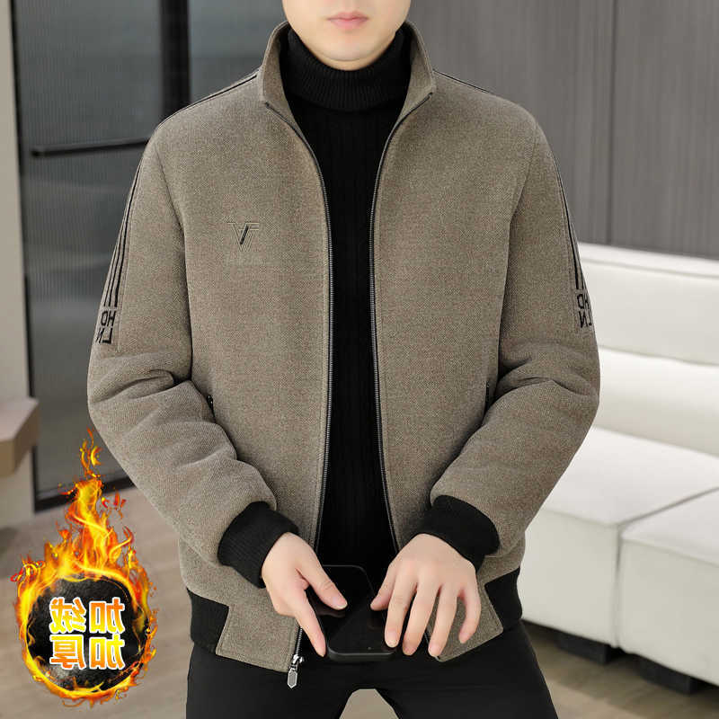 Autumn Men's Wool Winter Blends Woolen Jacket Men Fashion Casual Stand Collar Thick Velvet Jacket Warm Comfortable Business Outdoor Windproof C