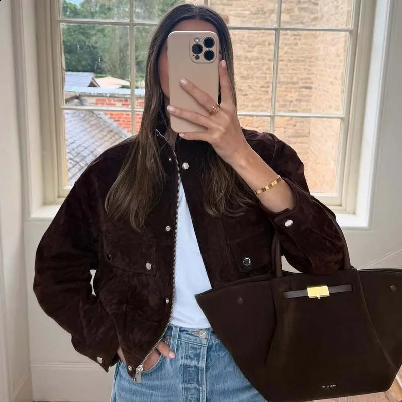 YENKYE Vintage Brown Suede Leather Bomber Jacket For Women High Collar Long Sleeves With Pockets Autumn Winter Coat Short 260920