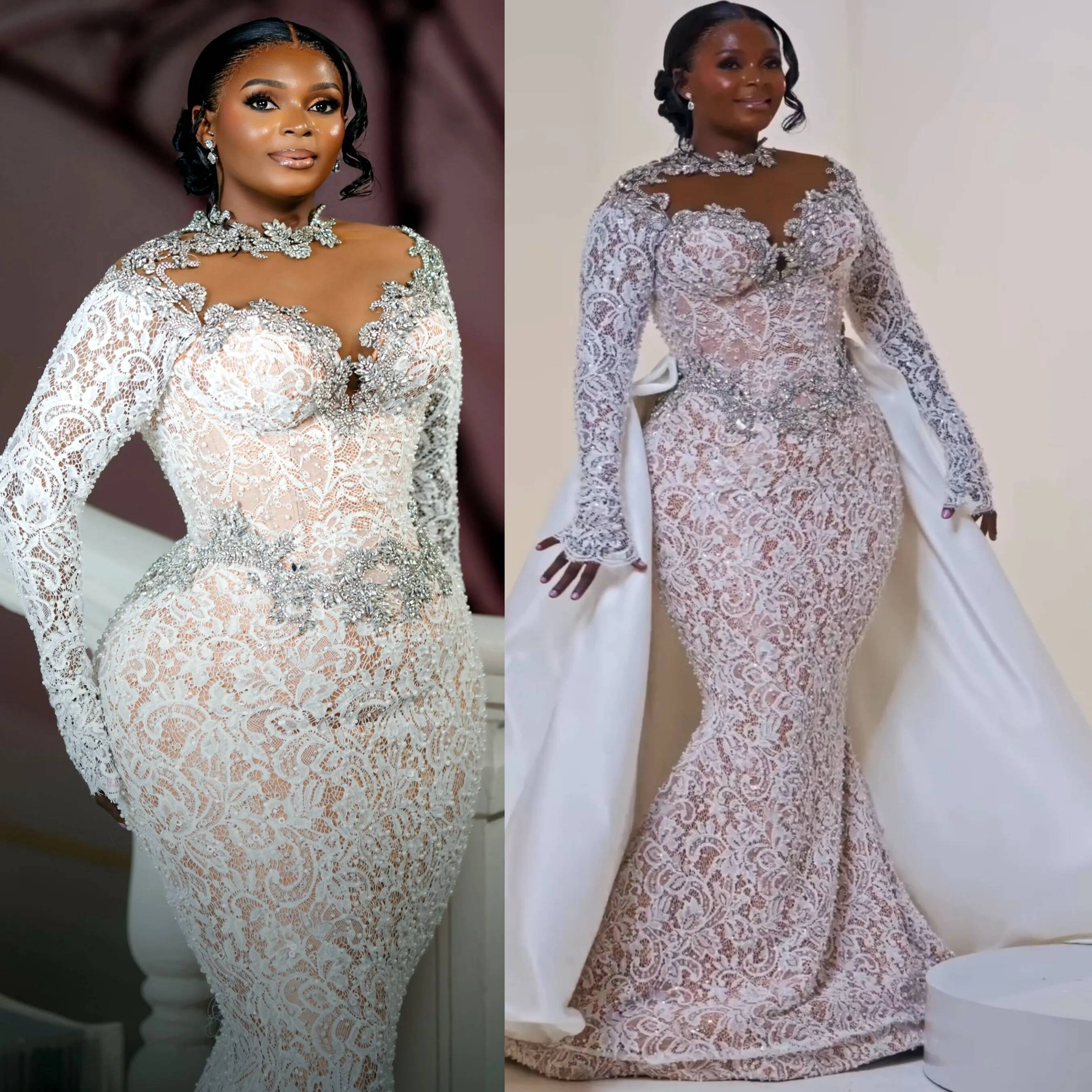 Chic Inspired Ivory Mermaid Wedding Dresses Beaded Crystals Illusion Floral Lace Detachable Train Vintage Elegant Charming Bridal Gowns Dress Z Q921