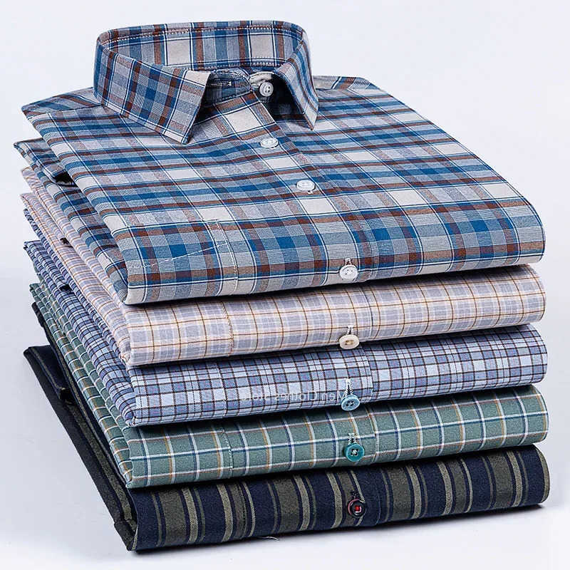 Quality Men's Casual Shirts New 100%Pure Cotton Men Long Sleeve Social Shirt for Oxford Shirt Men Plaid Striped Work Casual Pocket Shirts S-8XL