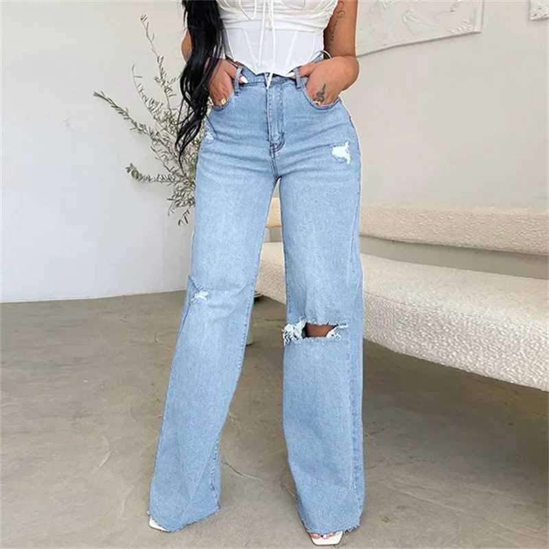 Donne Ginocchio Fori Rotti Tendenza Jeans Dritti Moda Comodi Pantaloni Casual A Vita Alta In Denim Pantaloni Larghi Femminili A Gamba Larga 24 S2609