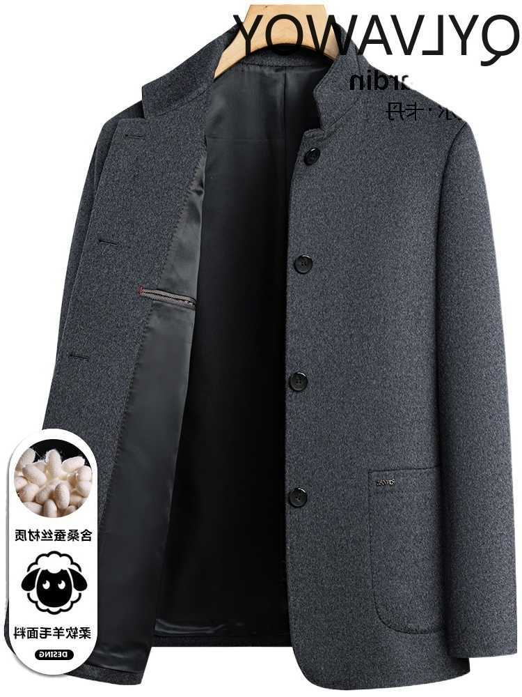 Men's QYLVAWOY Wool Blends Cashmere Stand-Up Collar Men's Woolen Outerwear New Chinese-Style 2025 Autumn Winter Mulberry Silk Coat LJ2705
