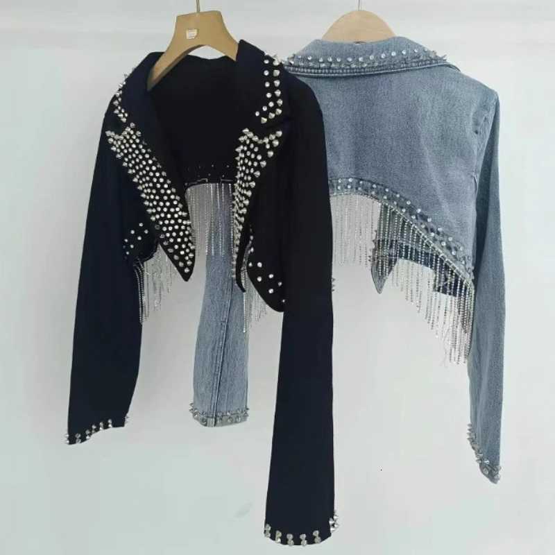 Women's Jackets Denim Coats Women Short Coat Tassel Turn Down Collar Y2k Streetwear Gothic Jackets Work Jeasn Punk High Waist Splice Jacket C26
