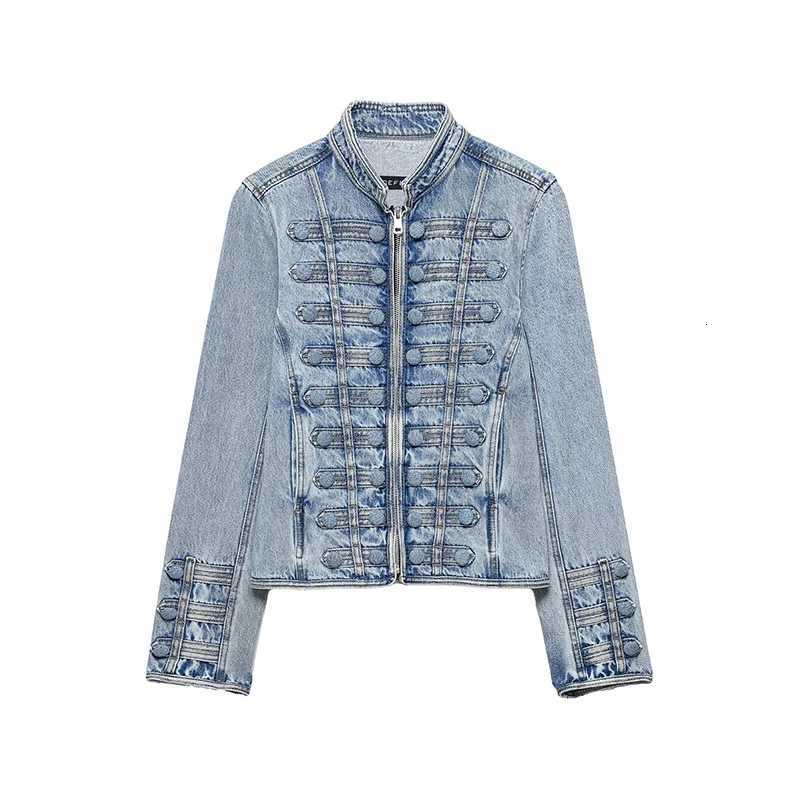 New YENKYE Women's 2026 Jackets Women Retro Military Style Denim Jacket Front Button Zipper Long Sleeve Fitted Vintage Crop Outerwear C260921
