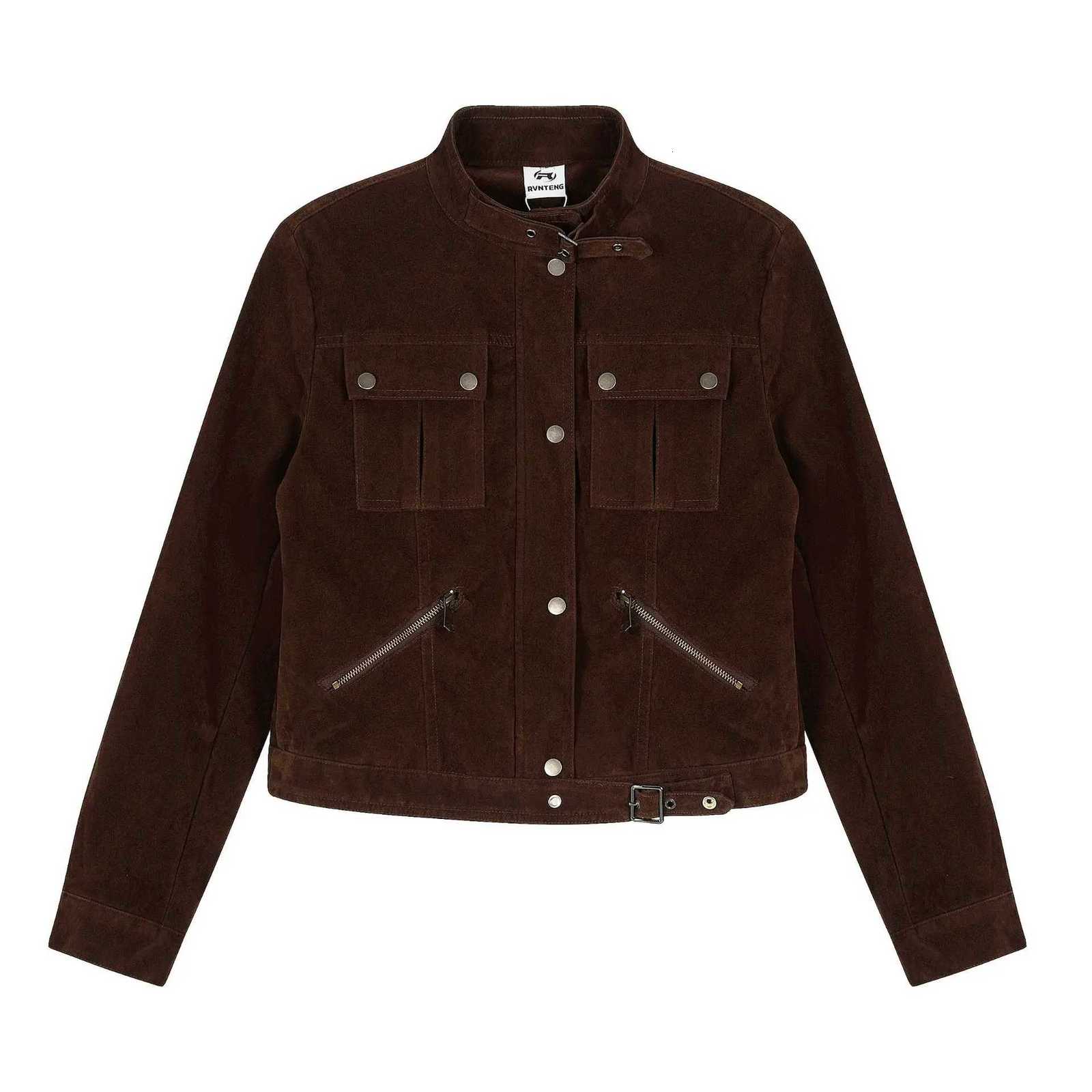 Retro American-Style Women's Suede Jackets Leather Stand-Up Motorcycle Jacket for Women Loose-Fitting and Slimming As A Blouse C260921