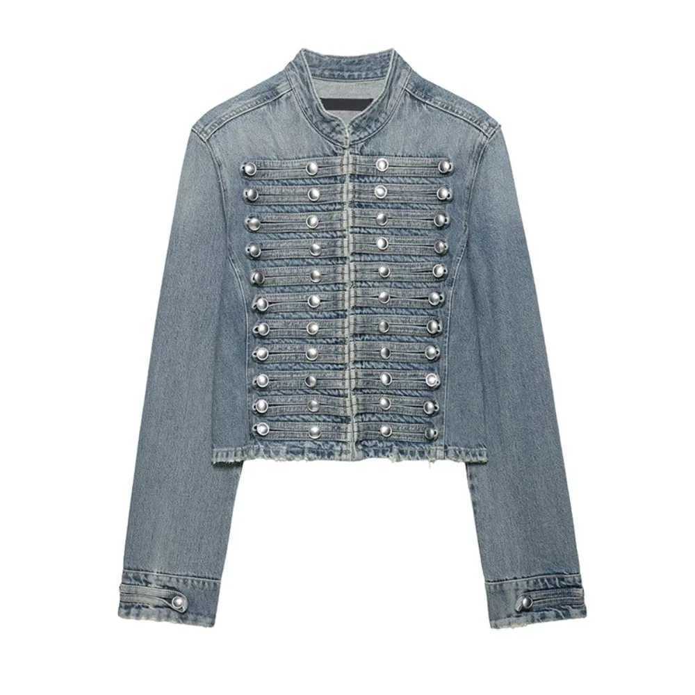 Hip Y2K Retro Women's Jackets Hop Women's Short Denim Jacket Front Button Frayed Hem Stand Collar Classic Fashion Trend Streetwear Jacket