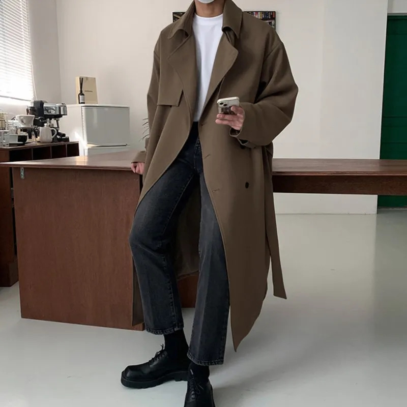 Trench da uomo Cappotto stile britannico solido doppio petto Oversize per il tempo libero Cappotti lunghi Capispalla elegante Hombre Giacca a vento