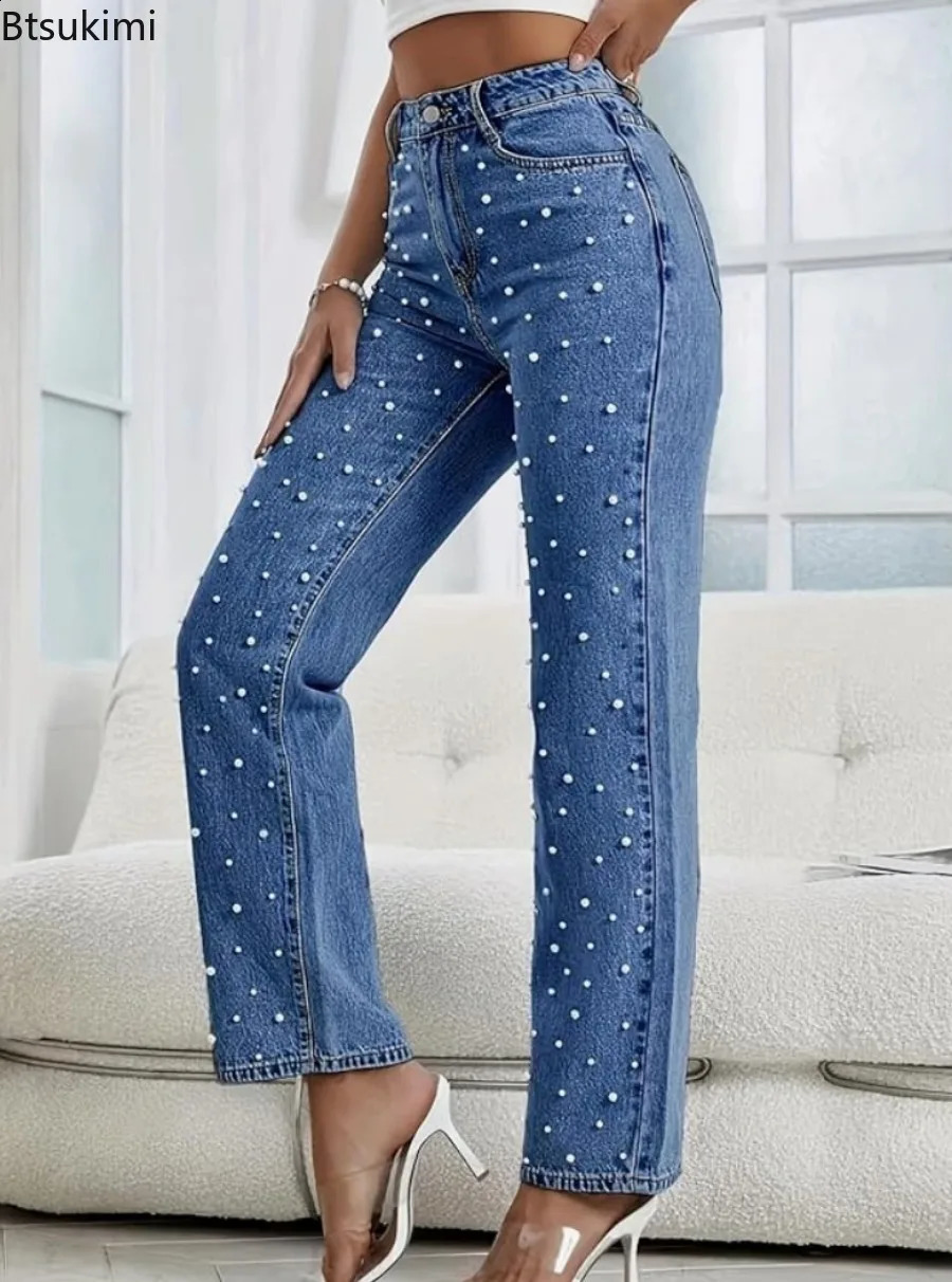 2026 Pantaloni jeans da donna che bordano pantaloni dritti casuali a vita alta per le donne Streetwear pantaloni eleganti in denim con giuntura eleg