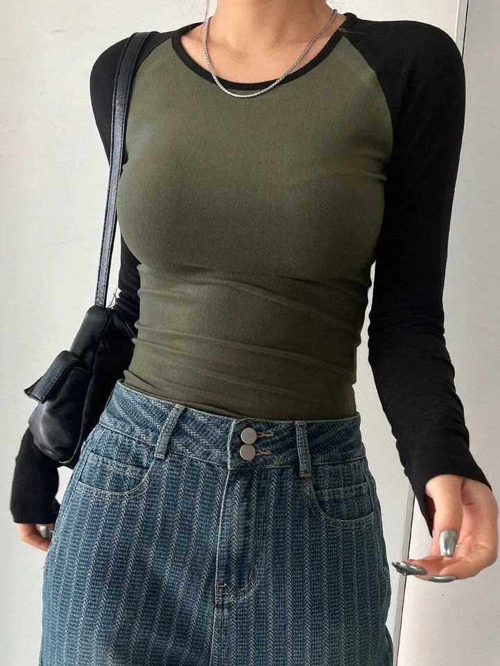 Women's T-Shirt Slim Color Block T-Shirt Casual Crew Neck Long Sleeve T-Shirt For Spring Summer Women's Clothing Q260921