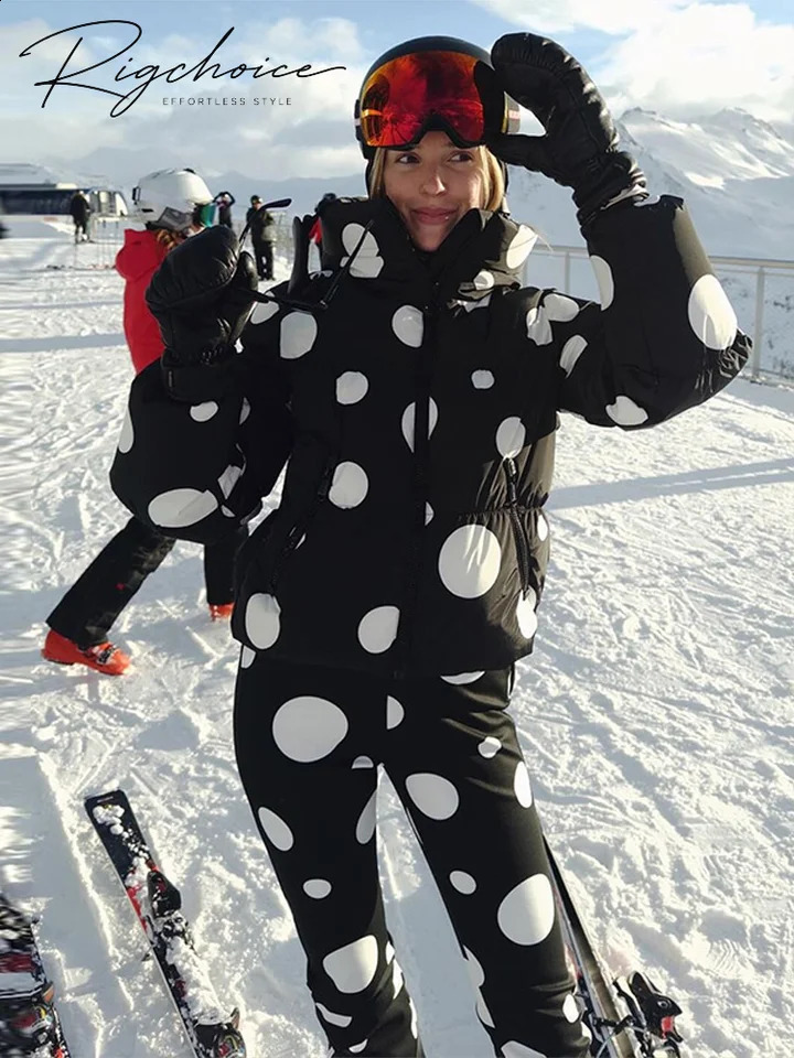 Women BlackWhite Polka Dot Ski Jackets Hooded Stand Collar Puffer Jacket With Pants Fashion Sheath Warm Sport Winter Skiwear 260918