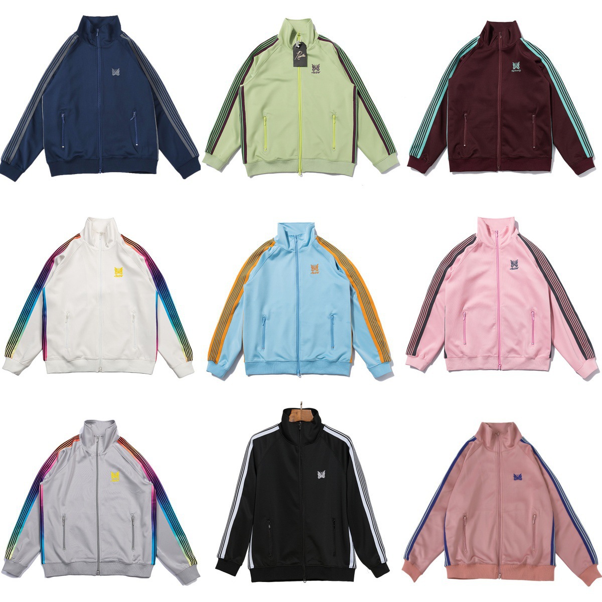 Men Women Zip Up Jacket Casual Sports Coat Loose Couple Outerwear Butterfly Embroidery Stand Collar Color Striped Sleeve Sun Protection Jacket