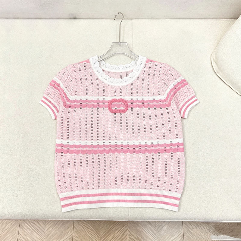 Designer Sweet Girly Knitted Tee Women Striped Short Sleeve Cute Knits Shirt Summer Casual Outing Daily Dating Knit Top