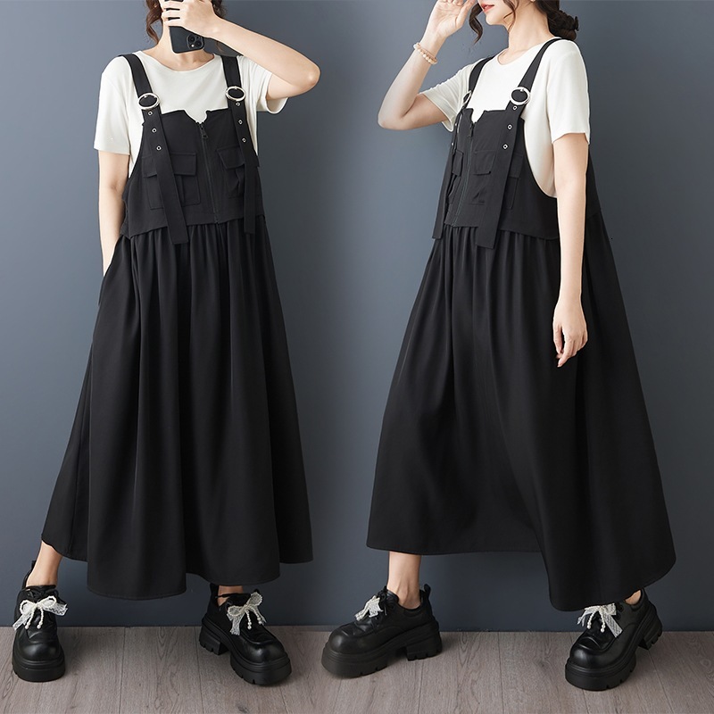 summer fashion dark style workwear suspender dress stylish and versatile slimming loose fit plus size dress