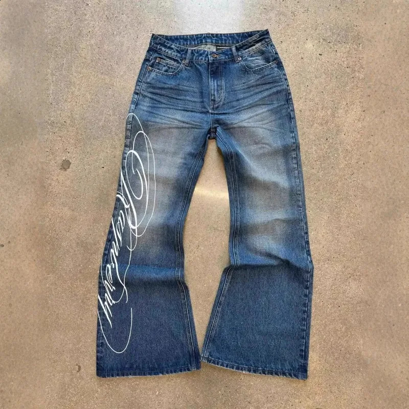 Deeptown Blue Letter Graphic Print Jeans Women Harajuku Vintage Washed Wide Leg Straight Denim Trousers Baggy Hip Hop Streetwear 260921