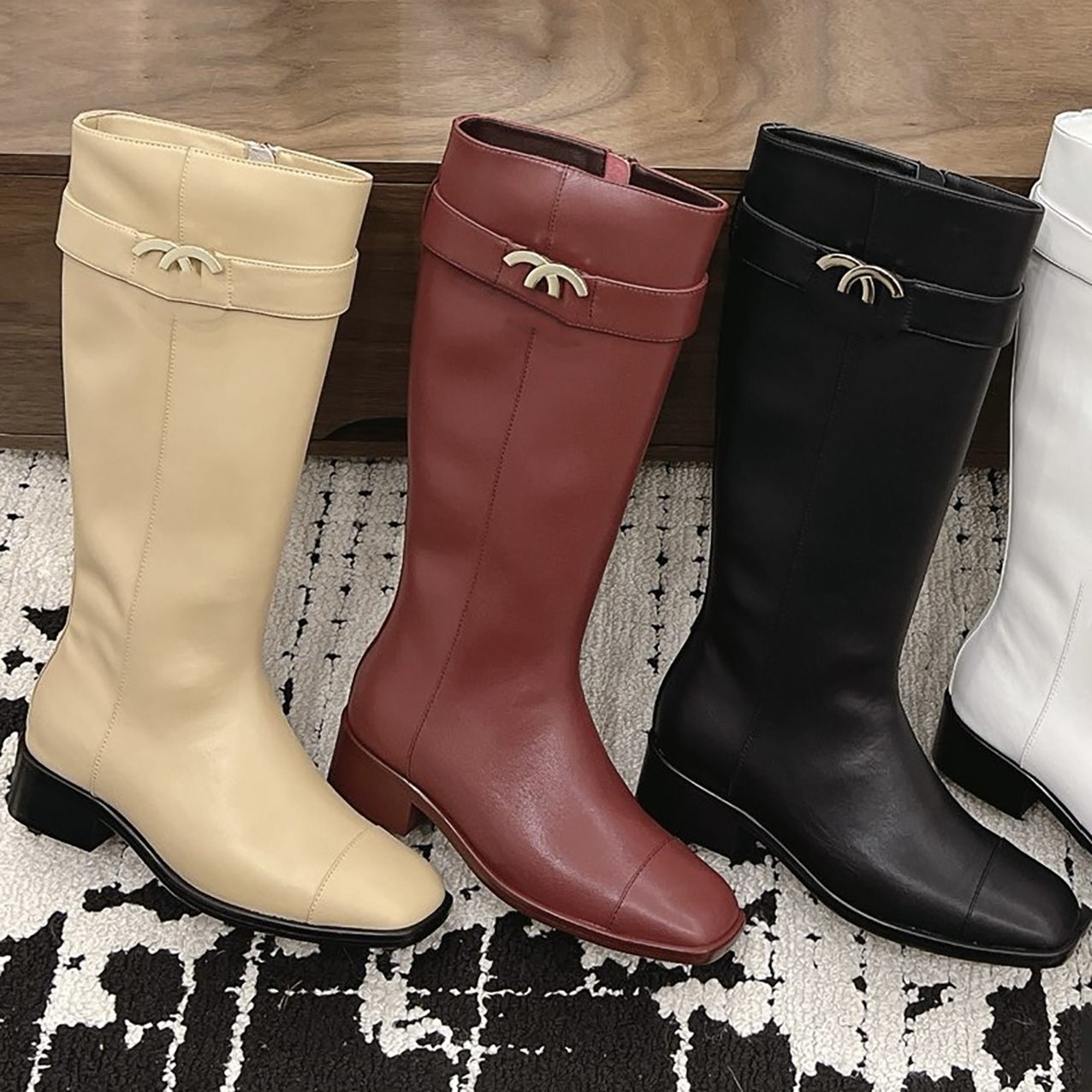 Shoe Designer Boot Luxury Woman Leather Knee High Tall Black Beige Red White Heel Block Low Buckle Fashion Quality Winter Casual Dress Brand Genuine