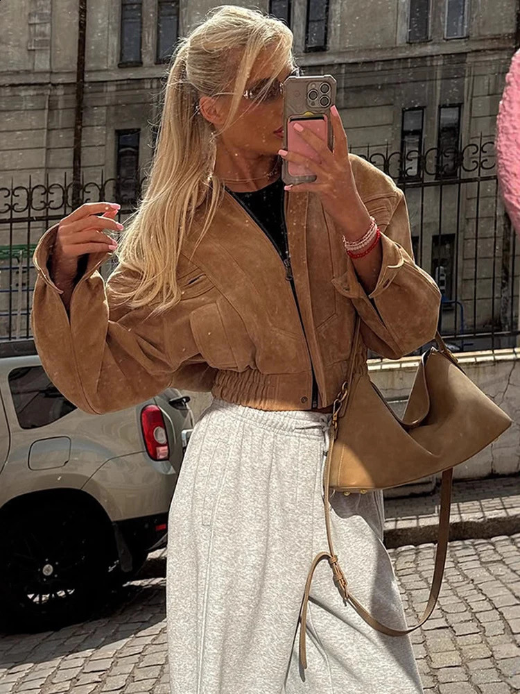 LGRQ Brown Retro Suede Lapel Zippered Short Jackets For Women Full Sleeves Pocket Loose Casual Coats 2026 Autumn Outwear 260920