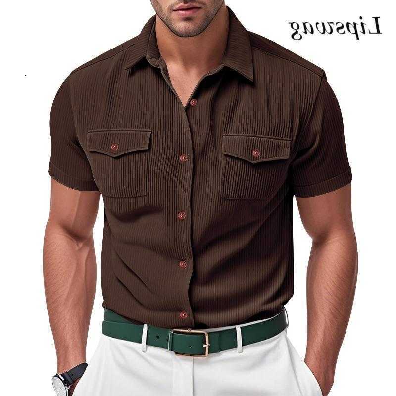 Ribbed Men's Fashion Casual Shirts Textured Corduroy Cargo Shirt Men Summer New Casual Solid Color Buttoned Shirts Mens Leisure Short Sleeve Sh