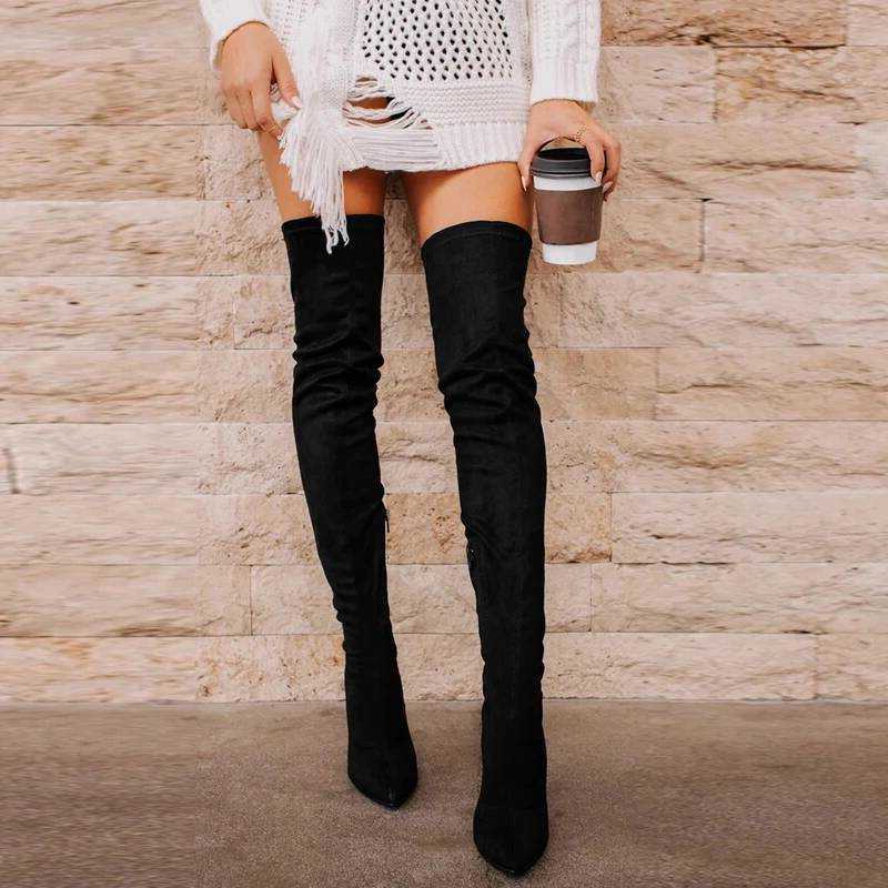 Boots Stretch Boots Suede Black High Heels Pointed Thigh High Boots Size Zipper Over The Knee Boots Sexy Women Shoes H260921