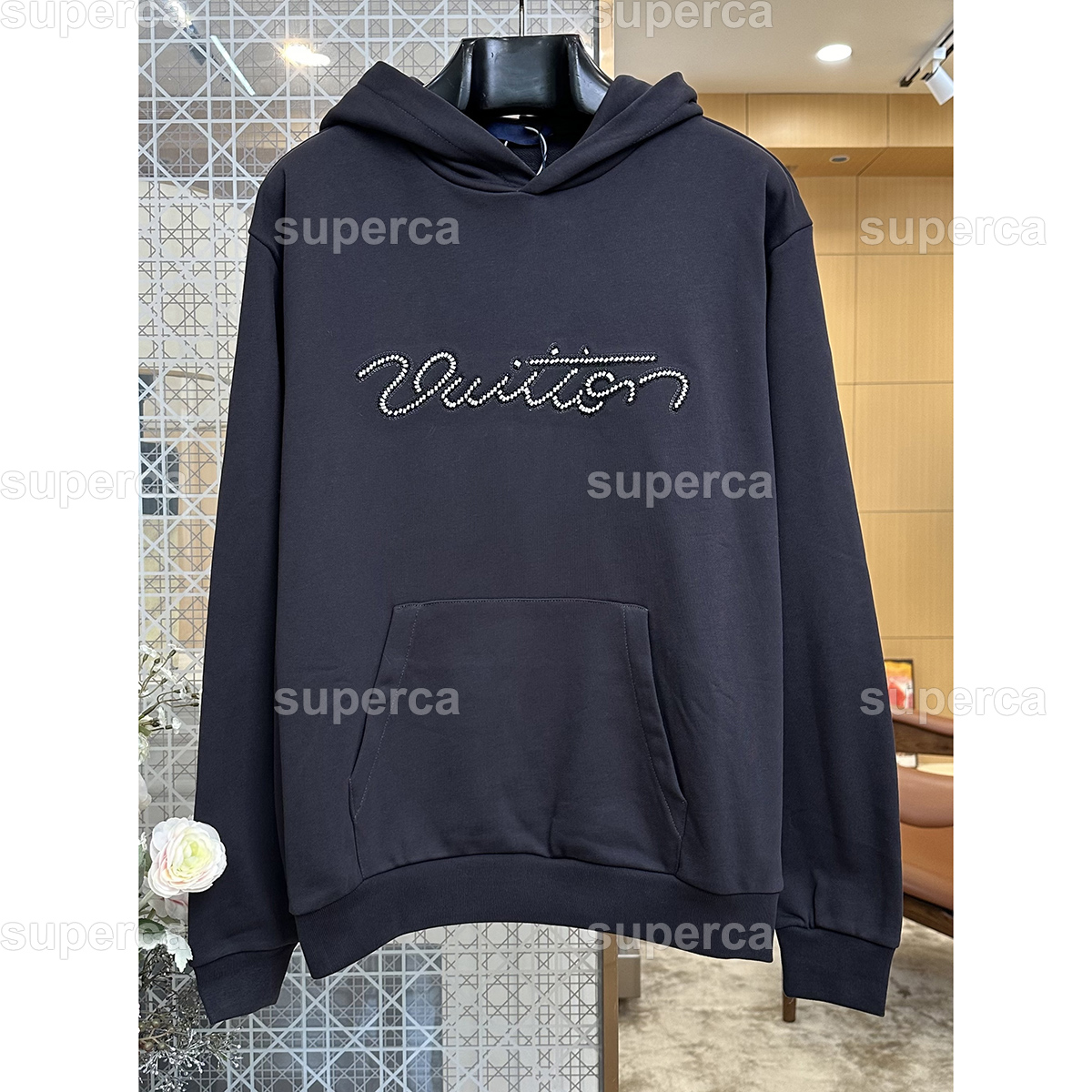 Luxury Designer Men's Hoodie, Monogram Style Rhinestone Handwritten Letter Print Loose Fit Pullover Cotton Sweatshirt