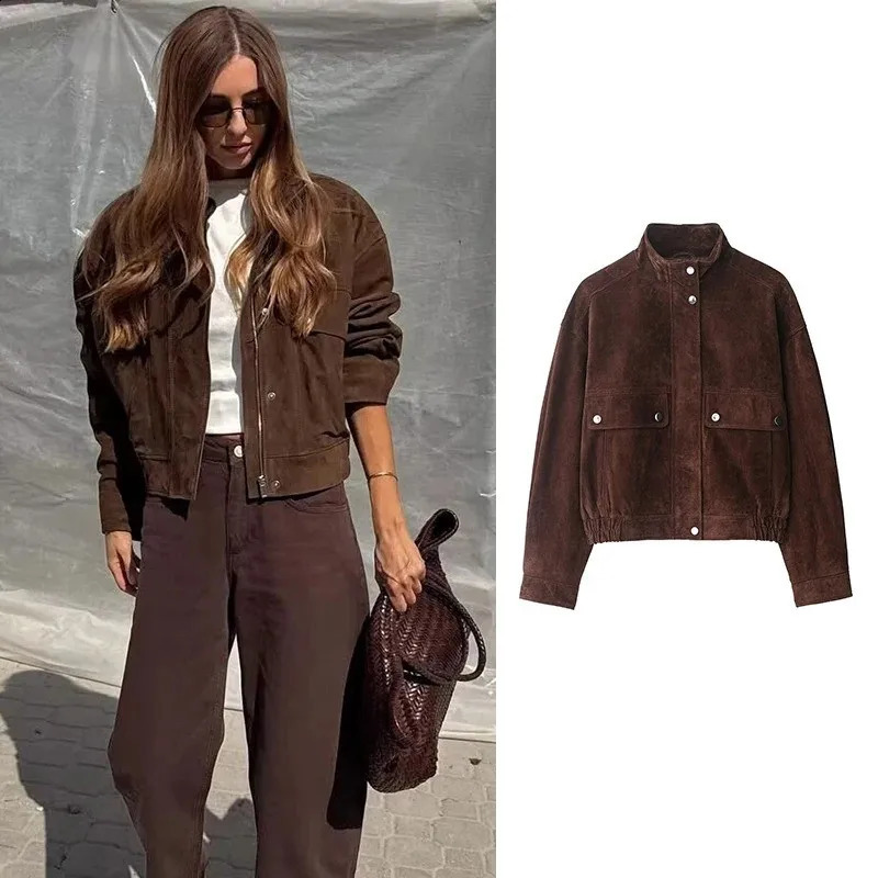Women's Vintage Brown Suede Jacket with Stand Collar and Pocket Accents Casual Street Fashion 260920