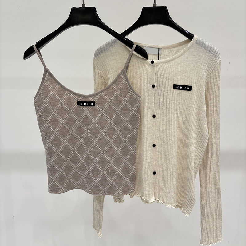 Designer Plaid Knit Vest Ribbed Cardigan Suits Women Sexy Slim Fit Camisole Round Neck Button Up Ruffled Knitted Cardigans 2 Piece Set