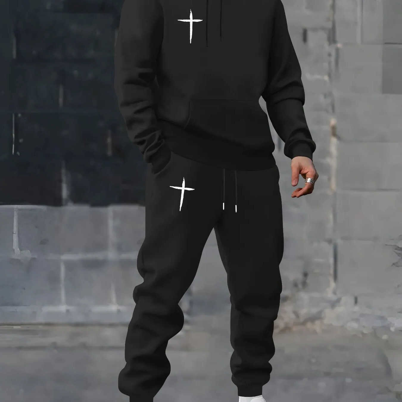 Hoodies Sweatshirts 2026 crucifix Men's printed sportswear set men's hooded sweatshirt long pants set spring and autumn winter warm suit D