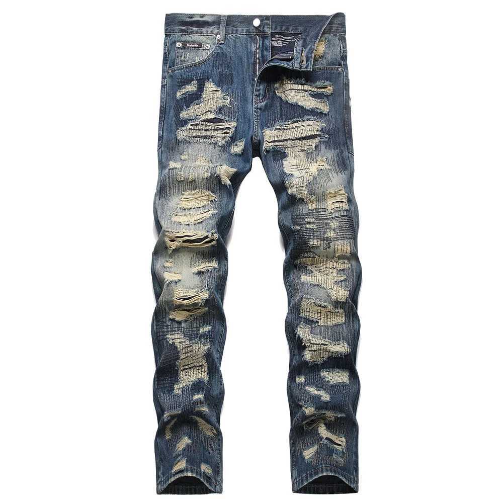 Jeans da uomo strappati in denim con fori patchwork effetto consumato pantaloni da mendicante ricamati pantaloni dritti larghi S260921JR8X